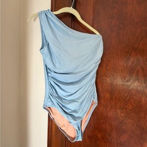 One shoulder light blue Jcrew one piece swimsuit